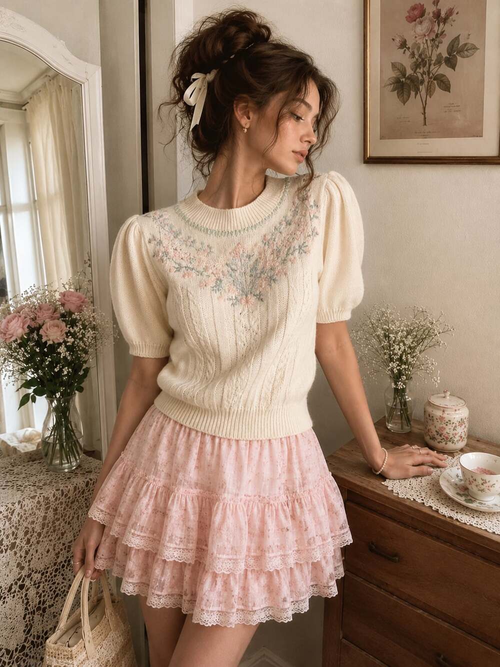 Shenanigans Embroidered Puff Sleeve Cottagecore Sweater Top M Vintage